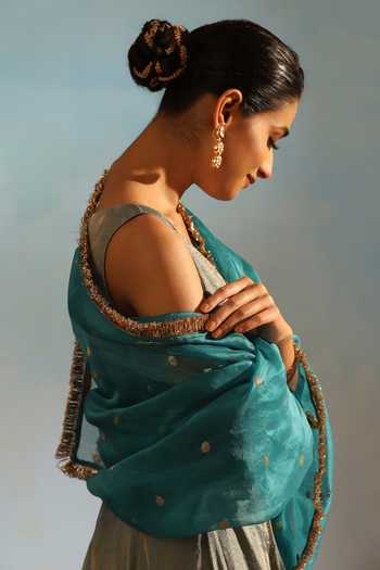 Weaver Story_Blue Tissue, Silk Embroidery V-neck Anarkali Set With Butti Work Dupatta _at_Aza_Fashions