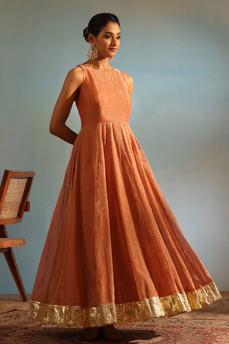 Weaver Story_Orange Tissue, Silk Lace Round Neck Anarkali Churidar Set _Online_at_Aza_Fashions