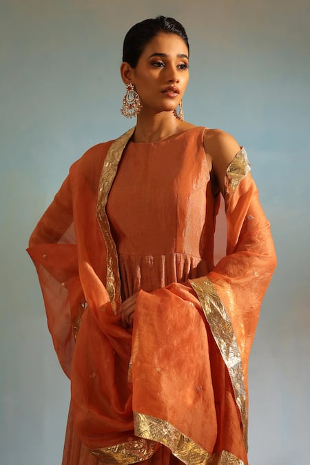 Buy_Weaver Story_Orange Tissue, Silk Lace Round Neck Anarkali Churidar Set _Online_at_Aza_Fashions