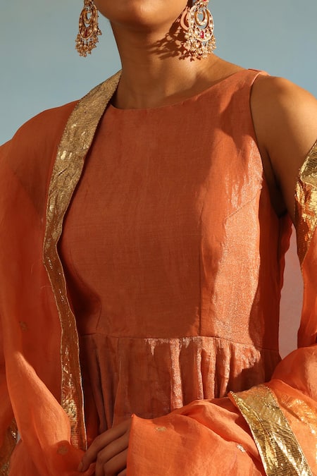 Shop_Weaver Story_Orange Tissue, Silk Lace Round Neck Anarkali Churidar Set _Online_at_Aza_Fashions