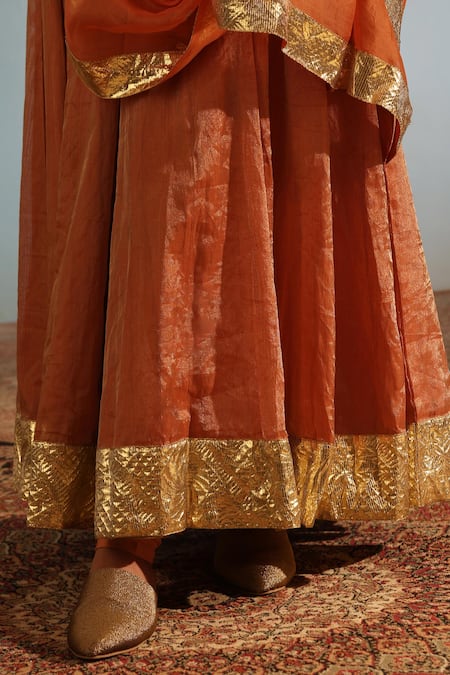Weaver Story_Orange Tissue, Silk Lace Round Neck Anarkali Churidar Set _at_Aza_Fashions
