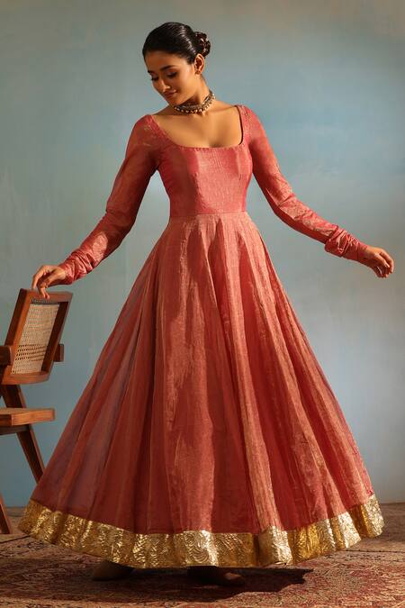Weaver Story_Pink Tissue, Silk Lace Scoop Neck Lapa Border Anarkali Churidar Set_Online_at_Aza_Fashions