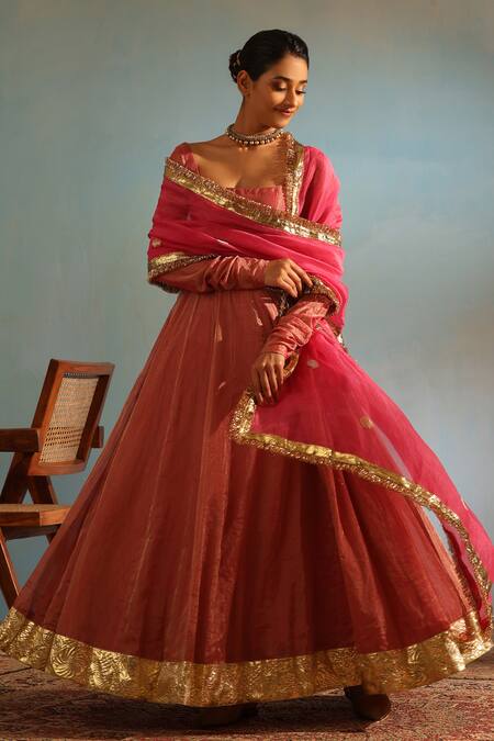 Buy_Weaver Story_Pink Tissue, Silk Lace Scoop Neck Lapa Border Anarkali Churidar Set_Online_at_Aza_Fashions