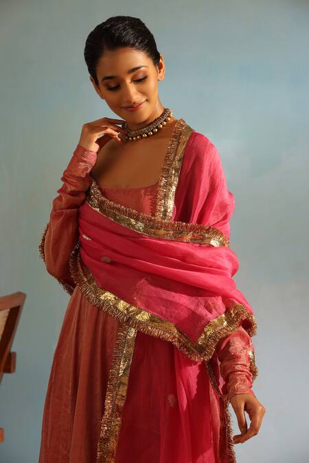 Shop_Weaver Story_Pink Tissue, Silk Lace Scoop Neck Lapa Border Anarkali Churidar Set_Online_at_Aza_Fashions