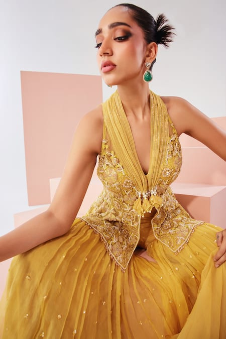 Awigna_Yellow Net, Organza Beads, Embroidery V-neck Floral Kurta Sharara Set _Online_at_Aza_Fashions