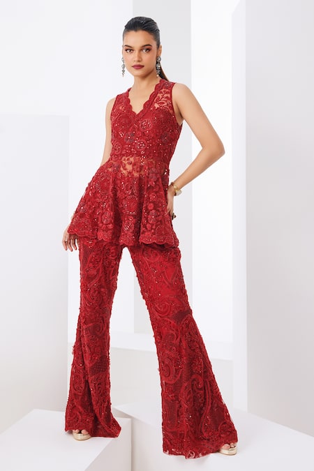 Awigna Red Net, Linen Embroidery Scoop Neck, Floral Peplum Top And Pant Set