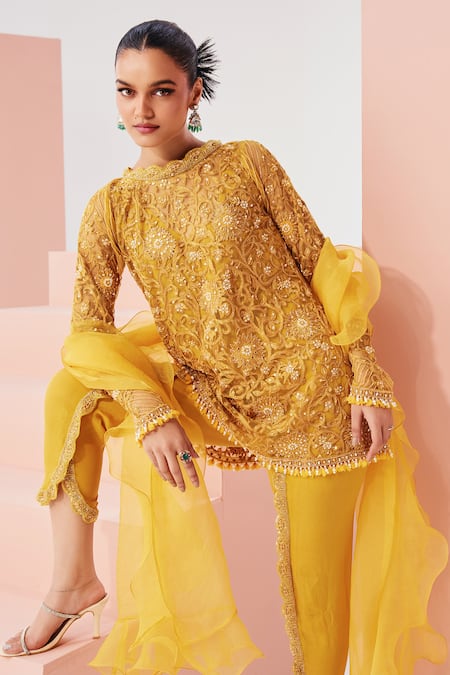 Awigna Yellow Net, Crepe Embroidery Clementine Kurta Dhoti Pant Set