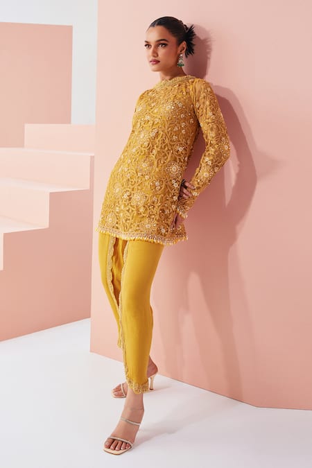 Shop Awigna Yellow Net, Crepe Embroidery Clementine Kurta Dhoti Pant Set at Aza Fashions Shop_Awigna_Yellow Net, Crepe Embroidery Clementine Kurta Dhoti Pant Set _at_Aza_Fashions