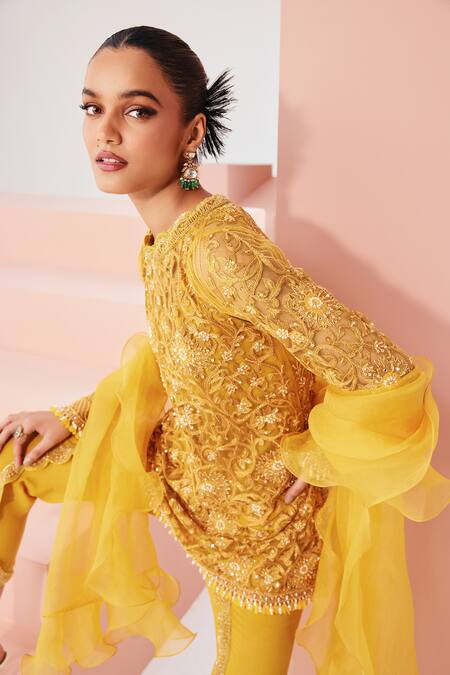 Awigna Yellow Net, Crepe Embroidery Clementine Kurta Dhoti Pant Set Online at Aza Fashions Awigna_Yellow Net, Crepe Embroidery Clementine Kurta Dhoti Pant Set _Online_at_Aza_Fashions