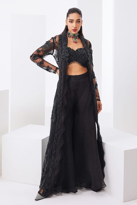 Awigna Floral Embroidered Black Cape & Palazzo Set 