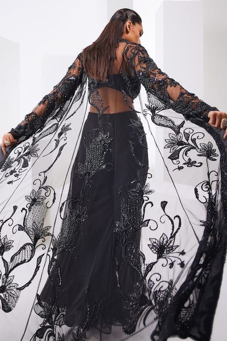 Shop Awigna Black Organza, Net, Cotton Embroidery Sweetheart Floral Cape And Palazzo Set at Aza Fashions Shop_Awigna_Black Organza, Net, Cotton Embroidery Sweetheart Floral Cape And Palazzo Set _at_Aza_Fashions
