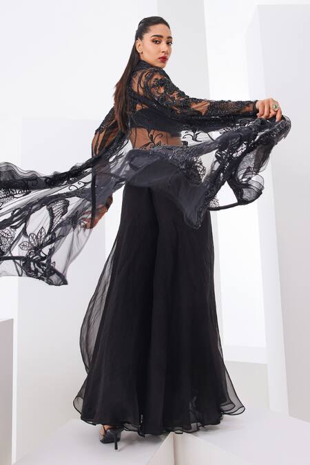 Awigna Black Organza, Net, Cotton Embroidery Sweetheart Floral Cape And Palazzo Set at Aza Fashions Awigna_Black Organza, Net, Cotton Embroidery Sweetheart Floral Cape And Palazzo Set _at_Aza_Fashions