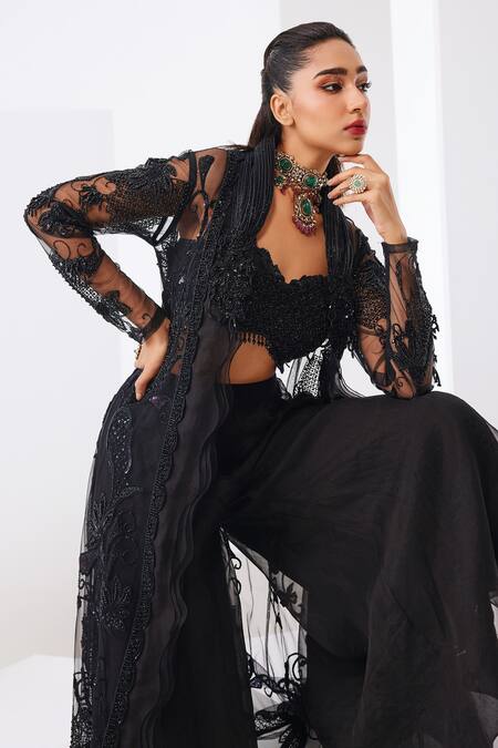 Buy Awigna Black Organza, Net, Cotton Embroidery Sweetheart Floral Cape And Palazzo Set Buy_Awigna_Black Organza, Net, Cotton Embroidery Sweetheart Floral Cape And Palazzo Set