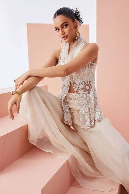 Buy Awigna Ivory Organza, Net Embroidery, Tassels V-neck Floral Kurta And Flared Pant Set Online at Aza Fashions Buy_Awigna_Ivory Organza, Net Embroidery, Tassels V-neck Floral Kurta And Flared Pant Set _Online_at_Aza_Fashions