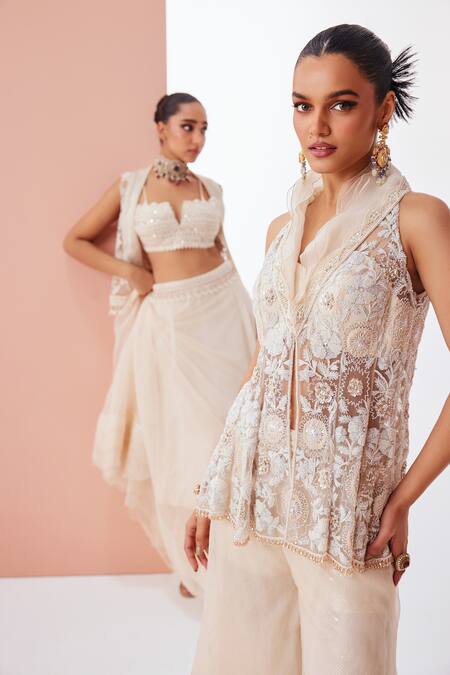 Awigna Ivory Organza, Net Embroidery, Tassels V-neck Floral Kurta And Flared Pant Set at Aza Fashions Awigna_Ivory Organza, Net Embroidery, Tassels V-neck Floral Kurta And Flared Pant Set _at_Aza_Fashions