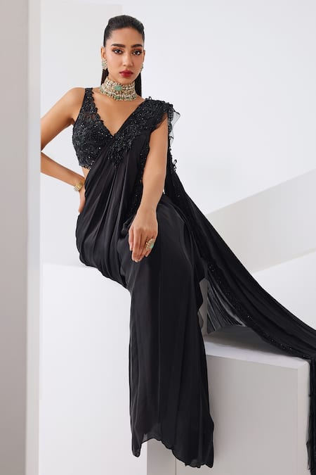 Awigna_Black Net, Satin, Georgette Embroidery, Tassels V-neck Pre-draped Saree Set _Online_at_Aza_Fashions