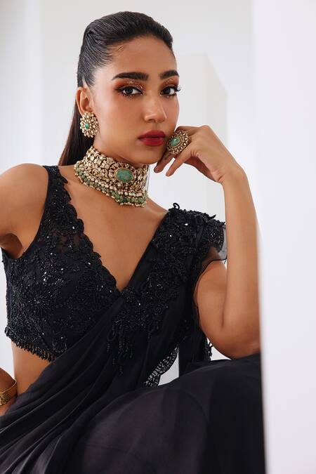 Buy_Awigna_Black Net, Satin, Georgette Embroidery, Tassels V-neck Pre-draped Saree Set _Online_at_Aza_Fashions