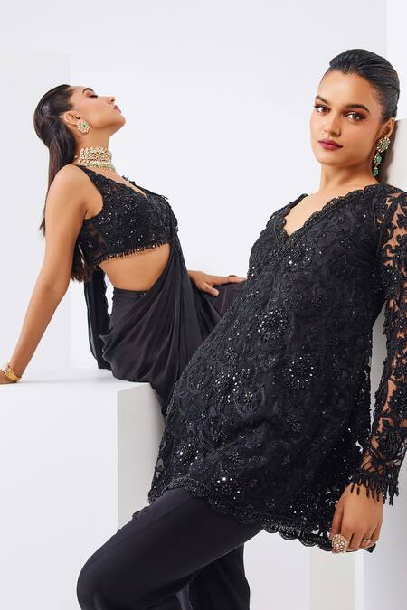 Shop_Awigna_Black Net, Satin, Georgette Embroidery, Tassels V-neck Pre-draped Saree Set _Online_at_Aza_Fashions