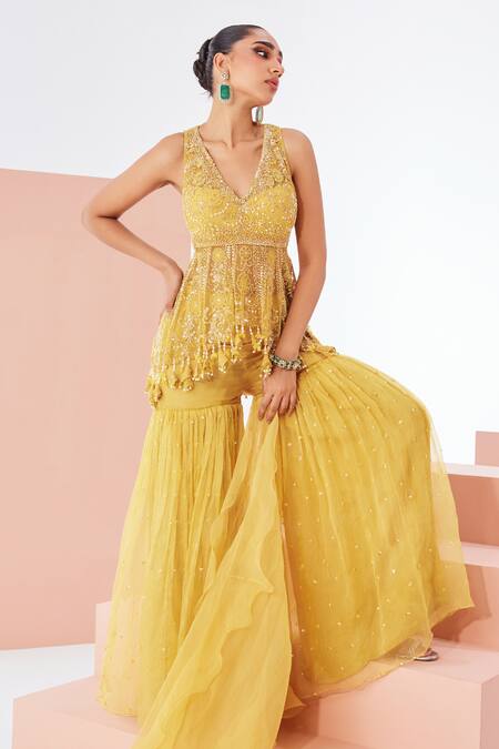 Shop Awigna Yellow Organza, Net Embroidery, Sequins V-neck Floral Peplum Kurta Set at Aza Fashions Shop_Awigna_Yellow Organza, Net Embroidery, Sequins V-neck Floral Peplum Kurta Set _at_Aza_Fashions