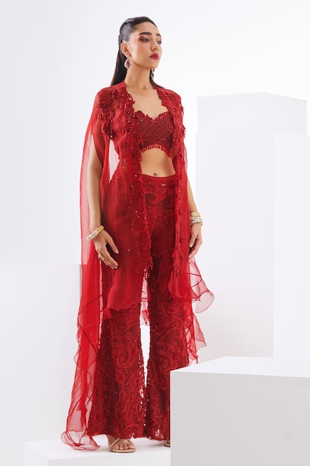 Awigna Red Embroidered Cape Pant Set 