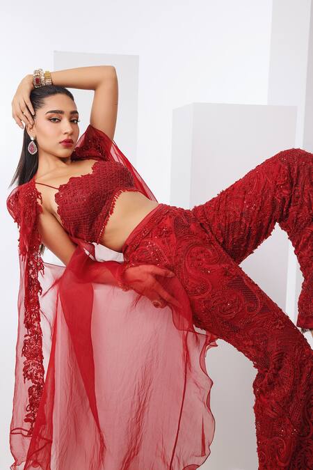 Awigna Red Net Sequins, Cut Work Sweetheart Neck Embroidered Cape Pant Set Online at Aza Fashions Awigna_Red Net Sequins, Cut Work Sweetheart Neck Embroidered Cape Pant Set _Online_at_Aza_Fashions