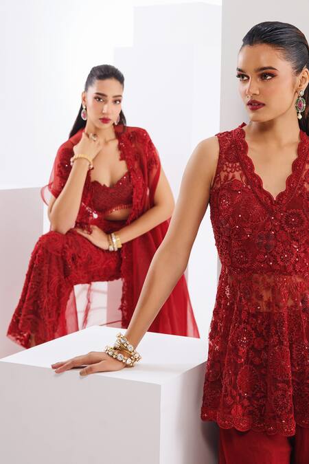 Buy Awigna Red Net Sequins, Cut Work Sweetheart Neck Embroidered Cape Pant Set Online at Aza Fashions Buy_Awigna_Red Net Sequins, Cut Work Sweetheart Neck Embroidered Cape Pant Set _Online_at_Aza_Fashions