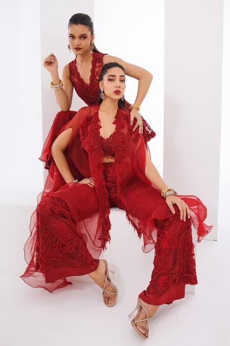 Awigna Red Net Sequins, Cut Work Sweetheart Neck Embroidered Cape Pant Set at Aza Fashions Awigna_Red Net Sequins, Cut Work Sweetheart Neck Embroidered Cape Pant Set _at_Aza_Fashions