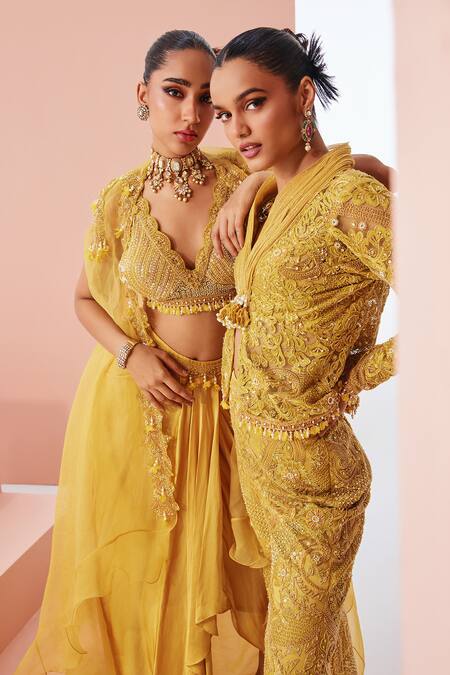 Awigna_Yellow Satin, Georgette, Organza Pearls, Asymmetric Embroidered Cape Dhoti Set _Online_at_Aza_Fashions