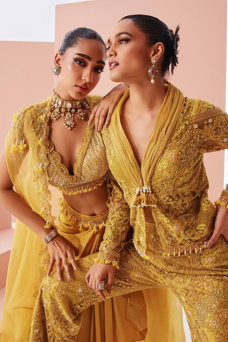Buy_Awigna_Yellow Satin, Georgette, Organza Pearls, Asymmetric Embroidered Cape Dhoti Set _Online_at_Aza_Fashions