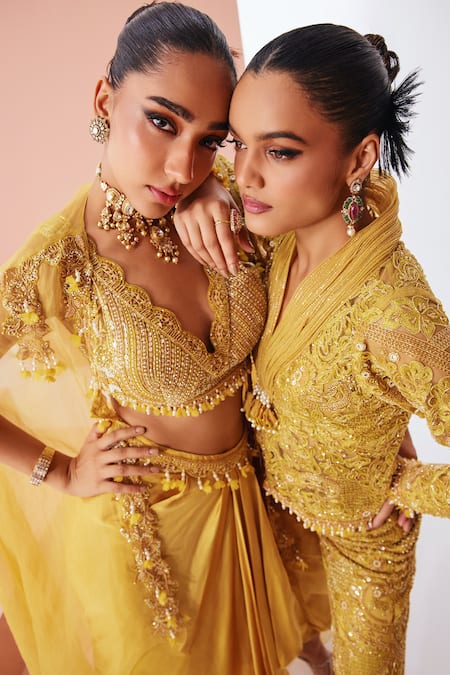 Shop_Awigna_Yellow Satin, Georgette, Organza Pearls, Asymmetric Embroidered Cape Dhoti Set _Online_at_Aza_Fashions