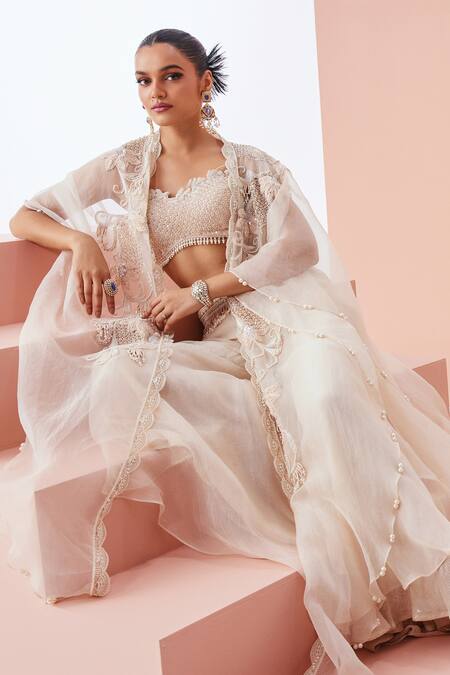 Buy Awigna Ivory Organza, Net, Linen Pearls, Sequins Embroidered Cape Palazzo Set Online at Aza Fashions Buy_Awigna_Ivory Organza, Net, Linen Pearls, Sequins Embroidered Cape Palazzo Set _Online_at_Aza_Fashions
