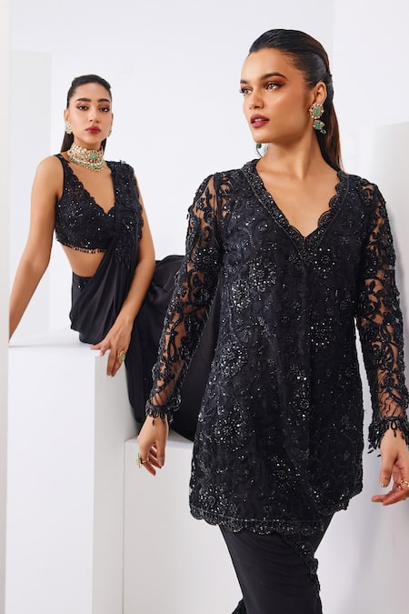 Awigna_Black Net, Crepe, Linen Cut Work, Sequins Embroidered Tunic And Dhoti Pant Set _Online_at_Aza_Fashions