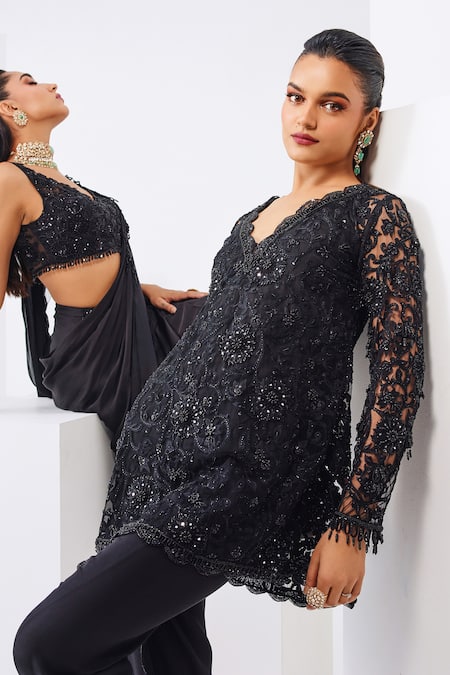 Shop_Awigna_Black Net, Crepe, Linen Cut Work, Sequins Embroidered Tunic And Dhoti Pant Set _Online_at_Aza_Fashions