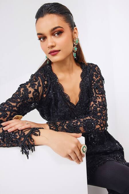 Awigna_Black Net, Crepe, Linen Cut Work, Sequins Embroidered Tunic And Dhoti Pant Set _at_Aza_Fashions