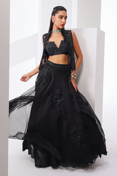 Awigna Black Net Embroidered Sequin Plunging Cutdana And Lehenga Set 