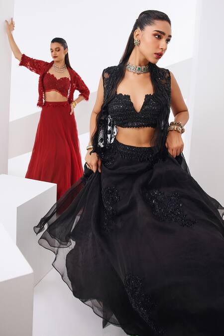 Awigna Black Organza, Net, Linen Cut Work, Sequins Cutdana And Embroidered Lehenga Set Online at Aza Fashions Awigna_Black Organza, Net, Linen Cut Work, Sequins Cutdana And Embroidered Lehenga Set _Online_at_Aza_Fashions