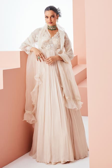 Awigna Ivory Chiffon, Organza Pearls, Sequins, Embroidery Scoop Floral Anarkali Set