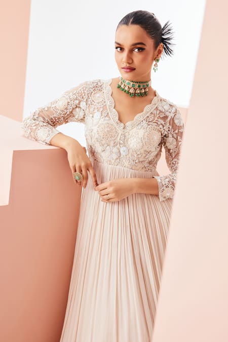 Shop Awigna Ivory Chiffon, Organza Pearls, Sequins, Embroidery Scoop Floral Anarkali Set at Aza Fashions Shop_Awigna_Ivory Chiffon, Organza Pearls, Sequins, Embroidery Scoop Floral Anarkali Set _at_Aza_Fashions