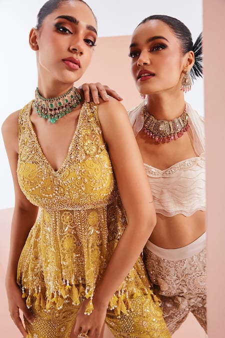 Buy_Awigna_Yellow Net, Organza, Linen Sequins, Pearls, Embroidered Peplum Tunic Pant Set _Online_at_Aza_Fashions