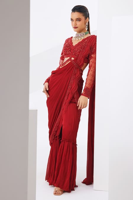 Awigna Ruby Pre-Draped Sharara Saree Set 