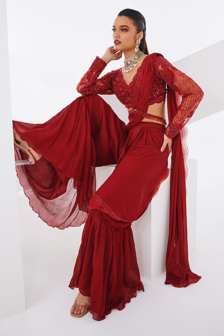 Awigna Ruby Pre-Draped Sharara Saree Set 