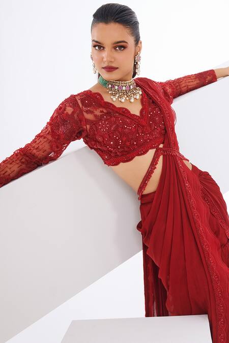 Awigna_Red Net, Chiffon Sequins, Tassels V-neck Ruby Pre-draped Sharara Saree Set_Online_at_Aza_Fashions