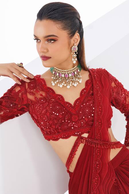 Buy_Awigna_Red Net, Chiffon Sequins, Tassels V-neck Ruby Pre-draped Sharara Saree Set_Online_at_Aza_Fashions