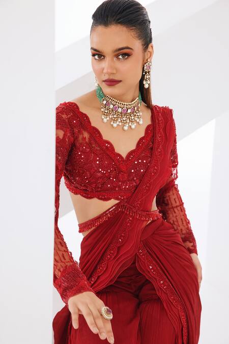 Shop_Awigna_Red Net, Chiffon Sequins, Tassels V-neck Ruby Pre-draped Sharara Saree Set_Online_at_Aza_Fashions