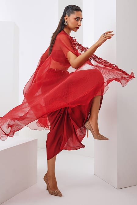 Awigna Red Embroidered Cape Dhoti Skirt Set 