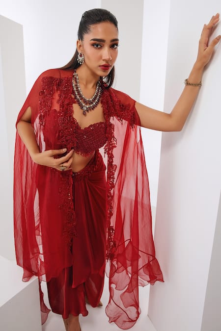 Awigna_Red Satin, Georgette Sequins, Pearls, Cut Work Embroidered Cape Dhoti Skirt Set _Online_at_Aza_Fashions