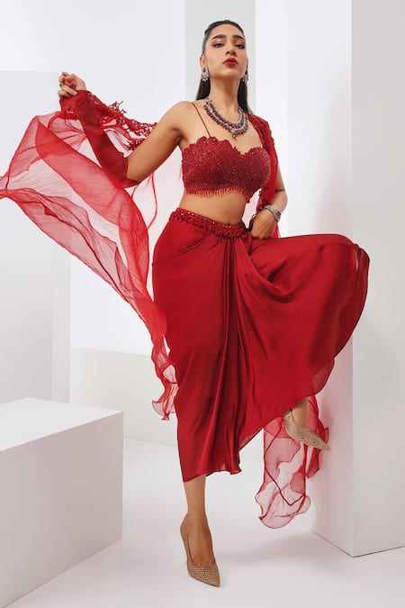 Buy_Awigna_Red Satin, Georgette Sequins, Pearls, Cut Work Embroidered Cape Dhoti Skirt Set _Online_at_Aza_Fashions