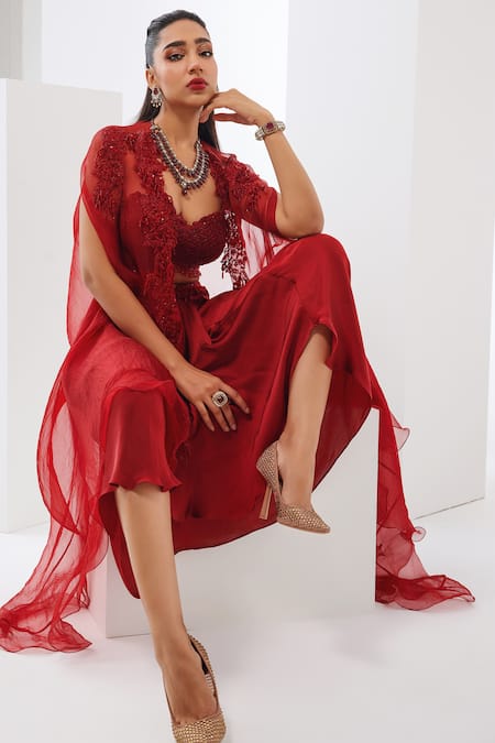 Shop_Awigna_Red Satin, Georgette Sequins, Pearls, Cut Work Embroidered Cape Dhoti Skirt Set _Online_at_Aza_Fashions