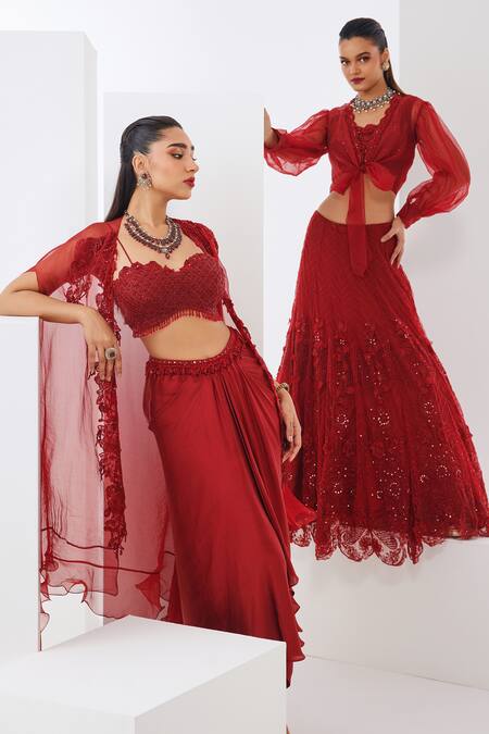 Awigna_Red Satin, Georgette Sequins, Pearls, Cut Work Embroidered Cape Dhoti Skirt Set _at_Aza_Fashions