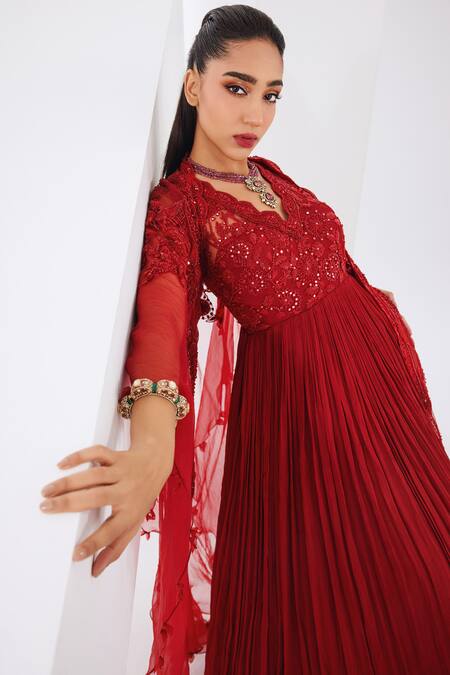 Awigna_Red Chiffon, Organza Sequins, Embroidery Sorrel Tonal Anarkali With Dupatta _Online_at_Aza_Fashions